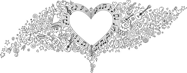 Black and white music doodle heart banner with wings on paper texture © Gimhana