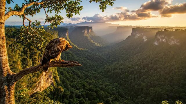 Javan Hawk-Eagle Perched On A Tree Overlooking A Lush Valley At Sunset In A Scenic Tropical Landscape