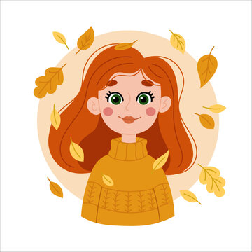 Woman autumn portrait. Cute cozy scene with a girl in yellow leaves. Vector character in simple style