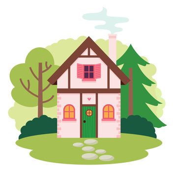 Cute house in the nature. Whimsical scene, cozy home in forest. Vector illustration in simple style