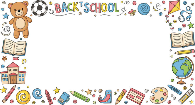 Back to school vector illustration with educational objects and a white background supplies learning education classroom textbook globe pencil crayon ruler eraser