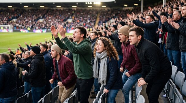 Excited Football Fans Standing and Cheering in Packed Stadium Stands, Happy Soccer Supporters Applauding and Shouting for Goal, Emotional Group Watching Tense Game in Arena, Commercial Stock Photo