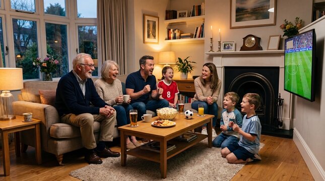 Happy Multi-Generation Family Watching Football Match on TV, Excited Grandparents, Parents and Children Cheering for Soccer Game at Home, Emotional Fans Celebrating with Snacks, Commercial Stock Photo