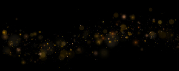 Fototapeta premium Shimmering gold flakes, sparkling gold particles on a black background. Radiant light sparkle with yellow glitter dust. Tiny material textures in art designs. Vector illustration.