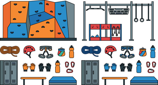 Indoor climbing gym climbing wall training area vector illustration set with harness rope helmet carabiners and training rack icons for fitness website.
