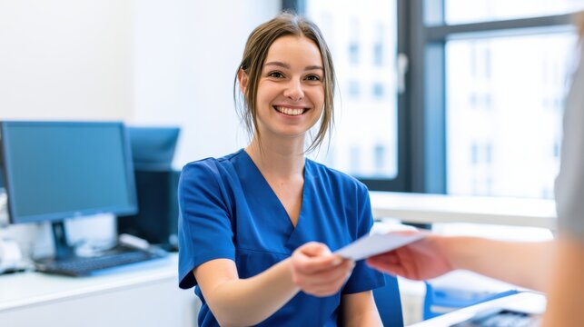 Smiling medical receptionist handing registration form at modern clinic front desk