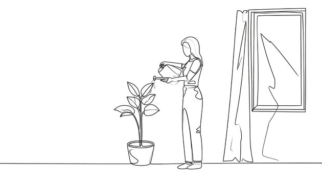 Woman watering a houseplant with a watering can