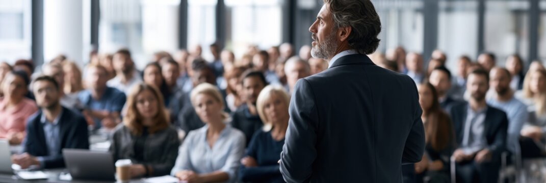 Business trainer addressing a seated corporate audience in a modern conference room