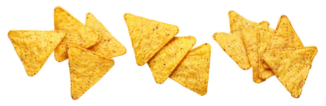 Set of nacho tortilla chips, isolated on cutout transparent background