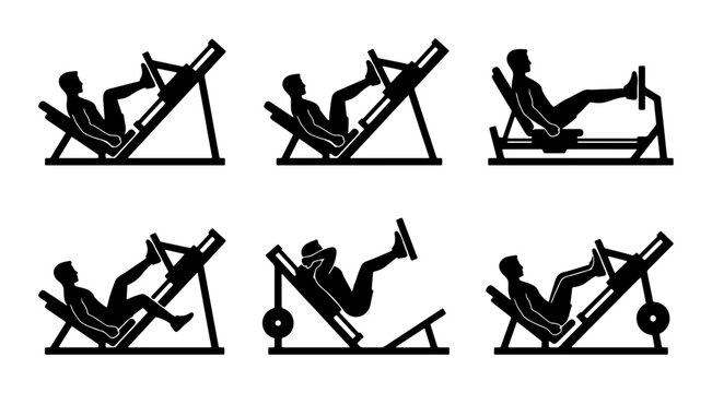 Gym equipment icons set: treadmill, weight bench, dumbbells, spin bike, squat rack, kettlebells Vector