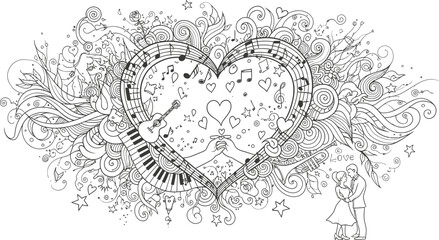Romantic love music inspired doodle coloring page with couple and piano © Gimhana
