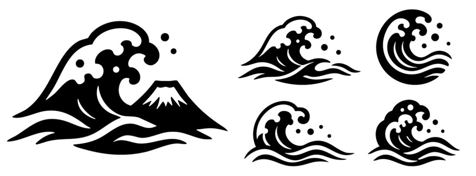 切り絵風の和風の波イラストセット