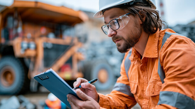 Worker in high-visibility gear reviewing a safety briefing with quarry truck in background, professional field operations, safety briefing, mining worker, quarry truck, industrial site,