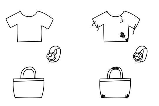 手描きのTシャツ、バッグ、腕時計の線画と不用品のセット
