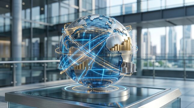 Futuristic holographic globe with financial charts and data connections, representing global business economy, international trade, stock market growth, digital banking technology