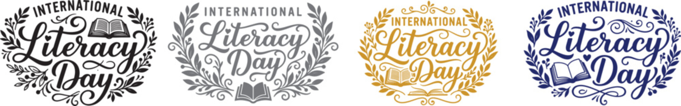 International literacy day typography designs with floral and book elements