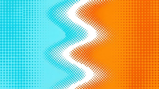 Abstract background with halftone pattern in blue and orange colors with a zigzag wave transition