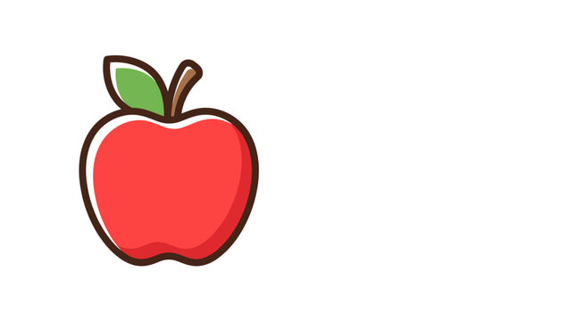 A vibrant red cartoon apple with green leaf and brown stem on white background