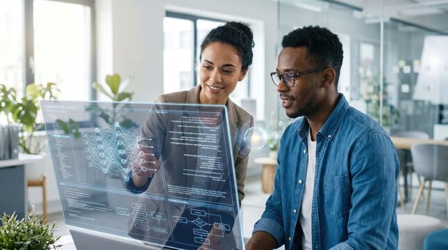 Two diverse business professionals analyzing futuristic holographic data interface, digital transformation concept, AI technology in modern office workplace