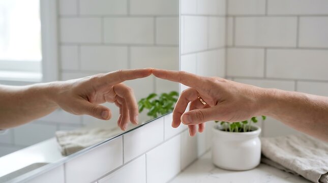 Hands touching reflection in bathroom mirror self image concept