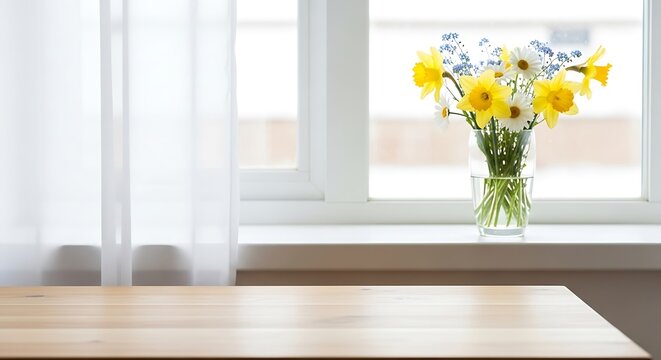 Bright spring floral arrangement on wooden table by window