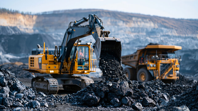 Excavator and dump truck operating in an expansive open-pit coal mine under clear sky, deep black material contrasts with pale rock, coal mine, excavator, dump truck, quarry operation, with
