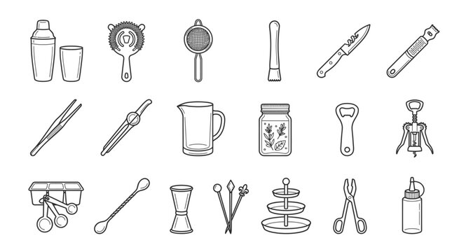 Barware Collection: A graphic illustration featuring a comprehensive set of bar tools and accessories for cocktail preparation, including a shaker, jigger, strainer, muddler, and more.