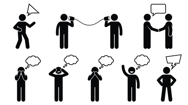 A set of black and white stick figure vector icons showing various forms of communication