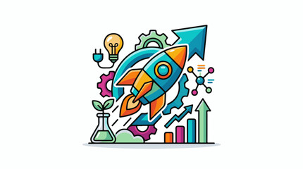 Fototapeta premium Colorful illustration of a rocket ship with various symbols