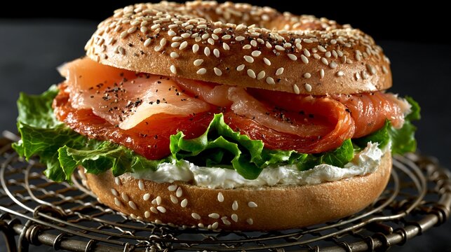 Lox and smoked salmon bagel sandwich on a rack. Cream cheese and lettuce add flavor. Black background provides a stark contrast.