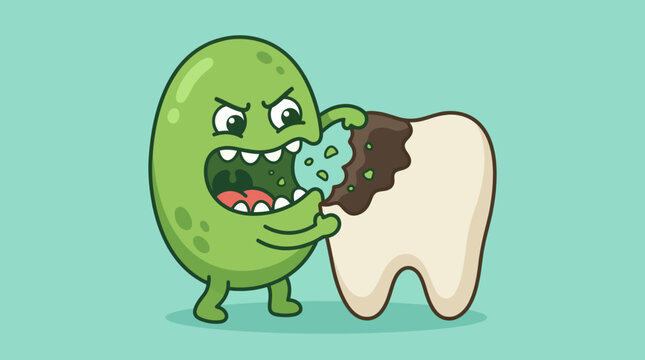 Cartoon germ damaging a tooth with plaque.