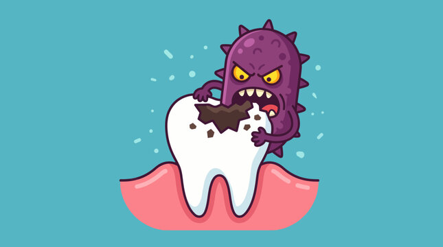 Cartoon monster damaging a tooth with decay.