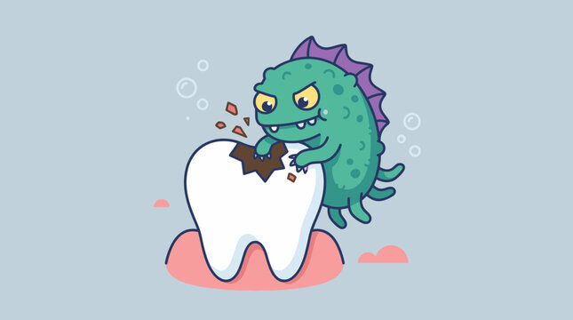 A green dinosaur character damaging a tooth.