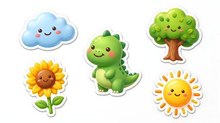 Fototapeta premium Cute cartoon stickers, smiling animals, plants and weather icons, colorful stickers set