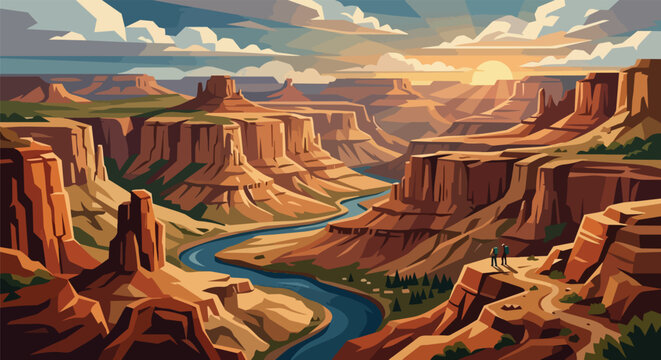 Stunning Grand Canyon National Park Scenery at Sunset with a Winding Blue River and Red Rock Cliffs