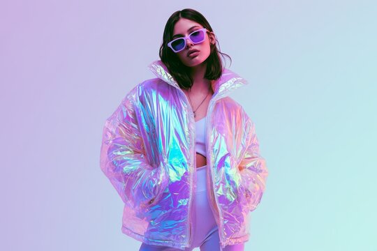 High End Streetwear Model in Iridescent Oversized Puffer Jacket