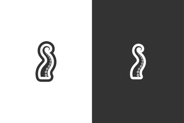 A minimalist vector illustration of a stylized octopus tentacle with suction cups, presented on white and black backgrounds © DzgnVibe