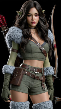 Fantasy female elf archer wearing green ranger outfit and fur trim