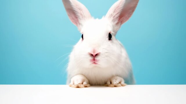 White rabbit with large pink ears and dark eyes peeking over a white horizontal surface. The bunny is positioned against a solid light blue background with one paw visible on the ledge.