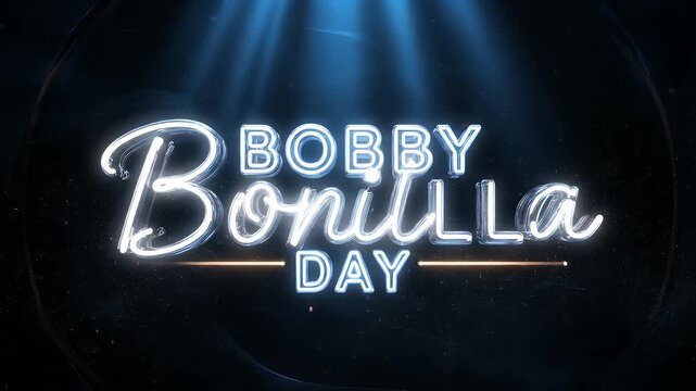 Bobby Bonilla Day neon sign glowing with blue light rays and sparkling particles in dark background