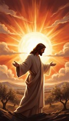Fototapeta premium Jesus Christ with open arms standing in a radiant sunrise, spiritual landscape with olive trees, divine light and warm sunset glow, religious digital art illustration for church media and posters