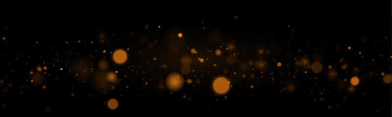Fototapeta premium Golden glow star, sparkle with glitter dust in soft bokeh light. Festive magical particle, stardust, twinkle highlights. Glare, sparks, flare and lens flare on black background, vector illustration.