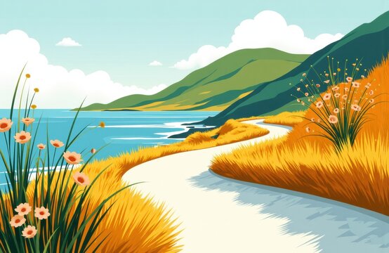 Coastal path winding between golden grasses along calm turquoise sea and hills