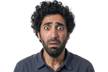 Fototapeta premium Portrait of Shocked Man with Wide Eyes and Curly Hair Isolated on White