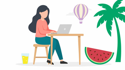 Fototapeta premium Digital nomad woman working on laptop in summer vacation setting