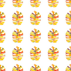 seamless pattern of watercolor monstera or philodendron, hand drawn watercolor bright orange leaf isolated on white background © Olena Seiryk