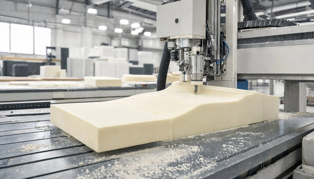 CNC milling machine cutting a foam block on a production table for prototype shaping and manufacturing preparation.