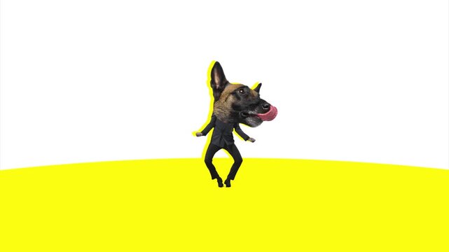 Repeating dog head business characters on yellow graphic background animation. Concept of office humor, team culture, brand identity, pet marketing, creative advertising.