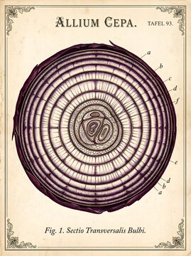 Vintage botanical illustration of allium cepa showing cross section of a red onion bulb