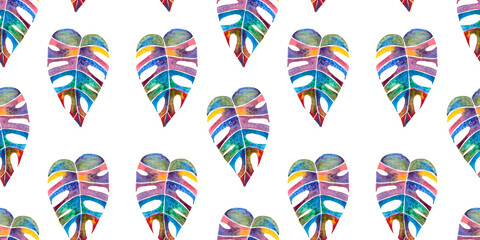 seamless pattern of bright multicolored monstera or philodendron leaf, hand drawn watercolor isolated on white background © Olena Seiryk